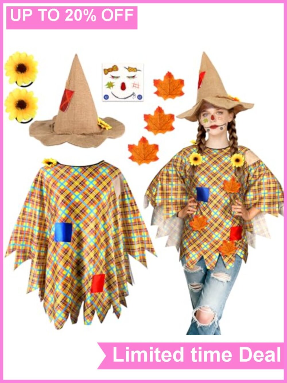 Scarecrow Costume Set Poncho Hat Face Decals Sunflower Hairbands Halloween
